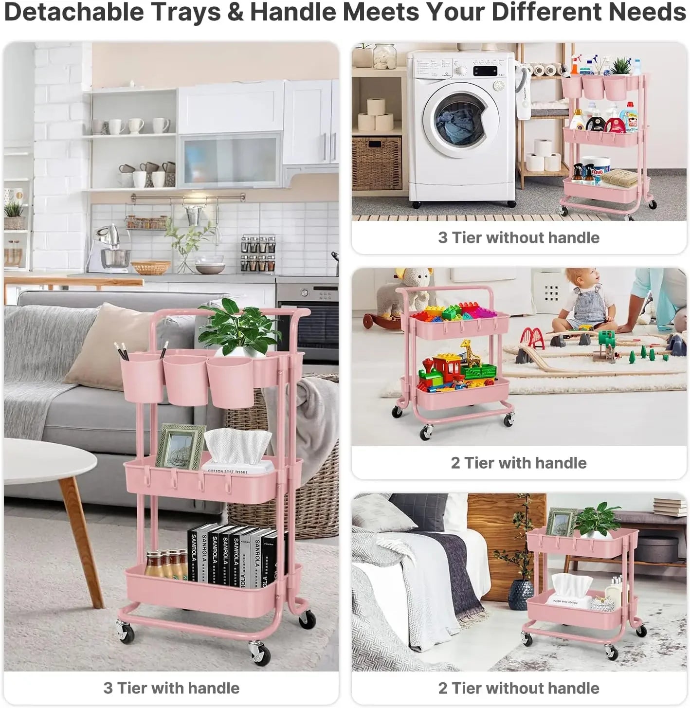 3 Tier Rolling Storage Cart with Wheels, Multipurpose Adjustable Makeup Cart Hair Salon Trolley