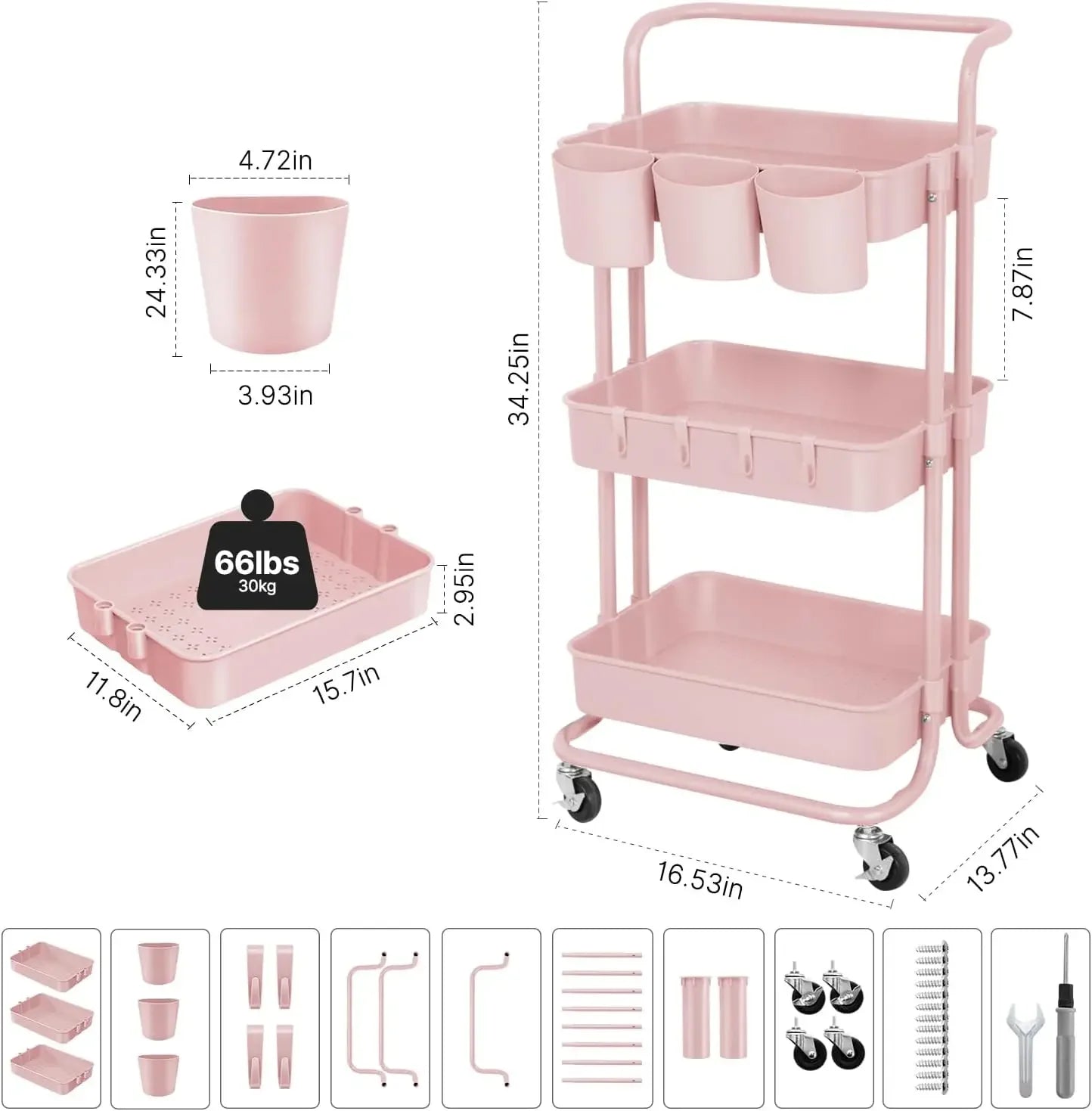 3 Tier Rolling Storage Cart with Wheels, Multipurpose Adjustable Makeup Cart Hair Salon Trolley