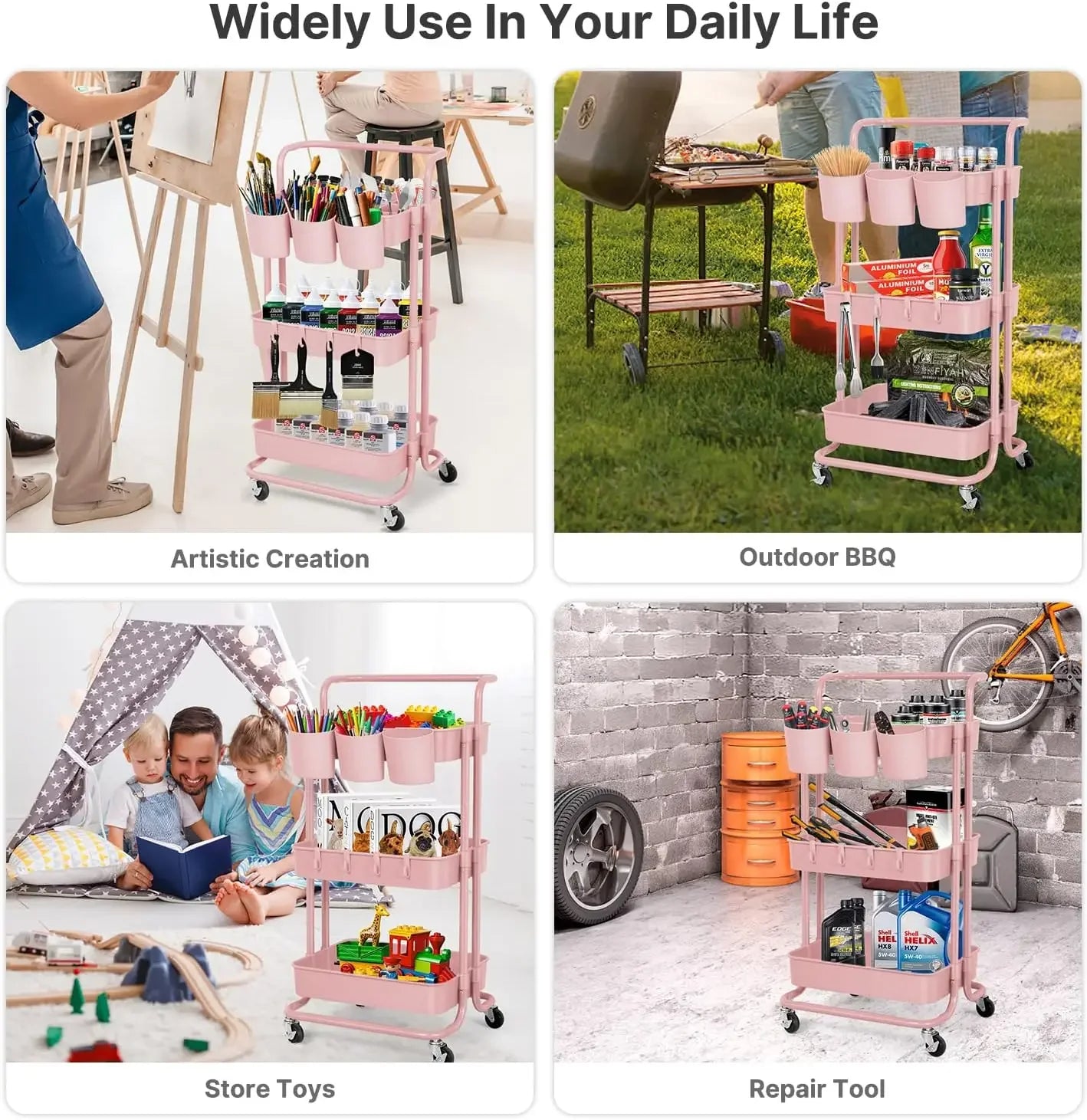 3 Tier Rolling Storage Cart with Wheels, Multipurpose Adjustable Makeup Cart Hair Salon Trolley